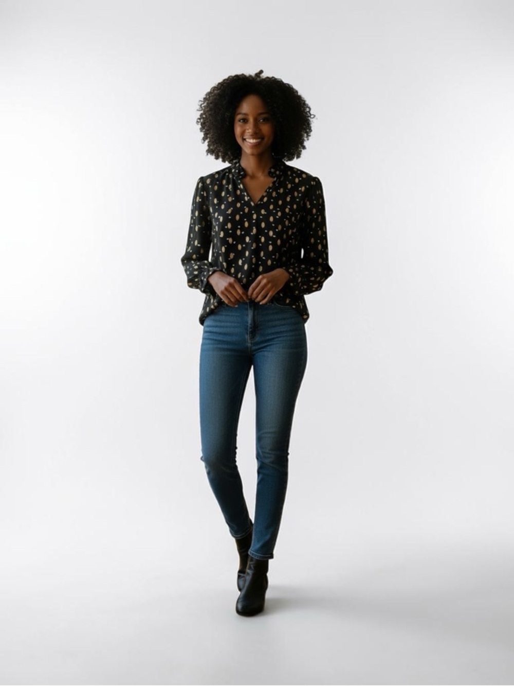 SHEIN Black Blouse with Gold Metallic Dot Accents